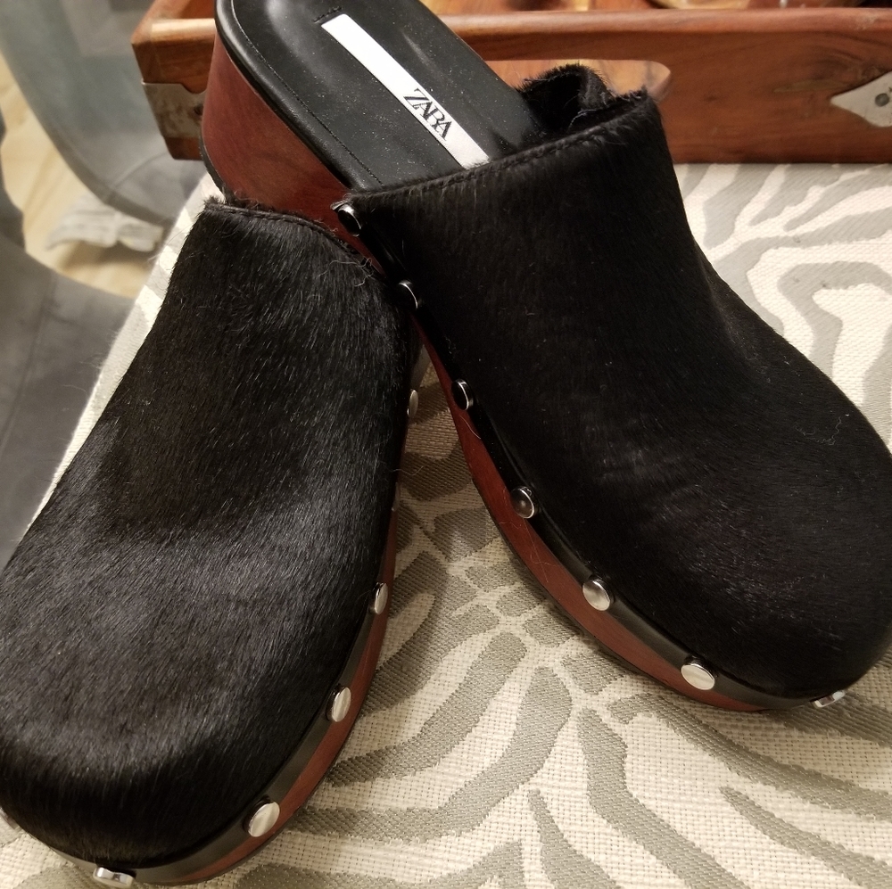 Studded Zara furskin clogs, size 7 1/2